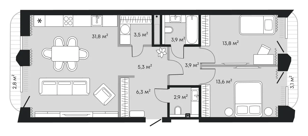 Планировка: евротрёшка 90,9 м² - ЖК Челюскинцев, 5