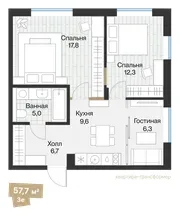 Планировка: евротрёшка 57,75 м² - ЖК Эклипт