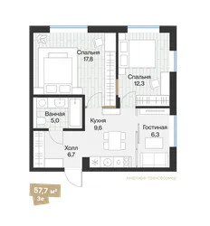 Планировка: евротрёшка 57,75 м² — ЖК Эклипт