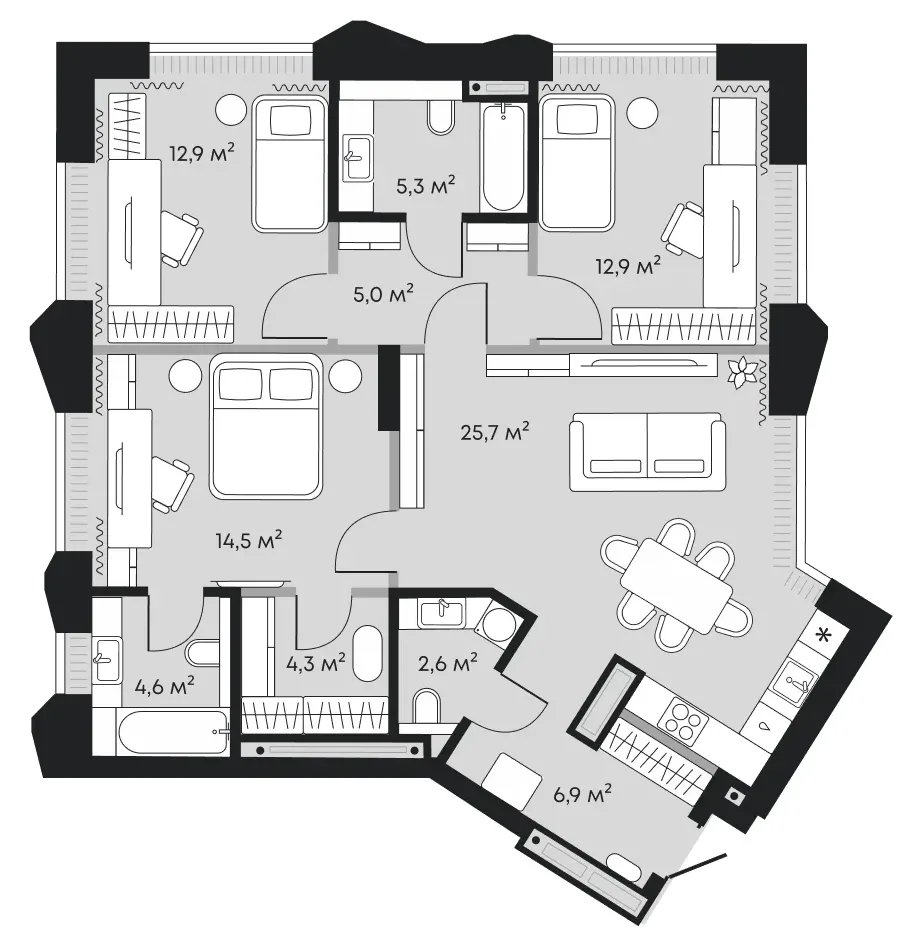 Планировка: евро-четырёшка 94,7 м² - ЖК Челюскинцев, 5