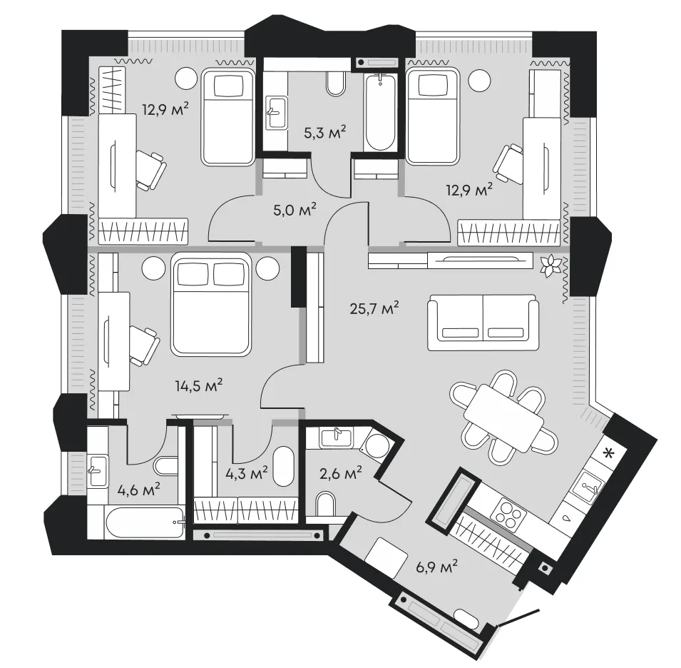 Планировка: евро-четырёшка 94,7 м² — ЖК Челюскинцев 5