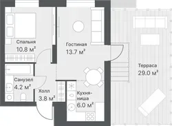Планировка: евродвушка 38,5 м² - ЖК Дружеский