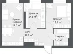 Планировка: евротрёшка 52,9 м² - ЖК Дружеский