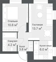 Планировка: евродвушка 38,5 м² - ЖК Дружеский