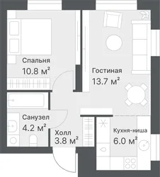 Планировка: евродвушка 38,5 м² — ЖК Дружеский