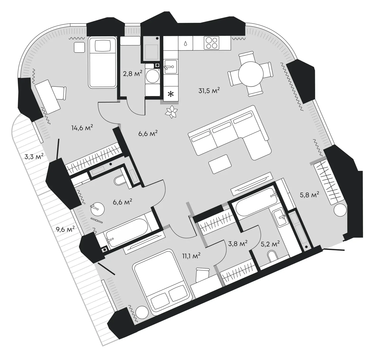 Планировка: евротрёшка 98,2 м² - ЖК Челюскинцев, 5