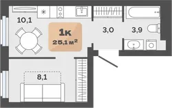 Планировка: 1-комнатная квартира 25,1 м² - ЖК Баланс