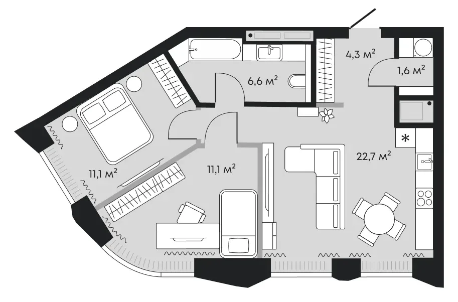 Планировка: евротрёшка 57,4 м² - ЖК Челюскинцев, 5