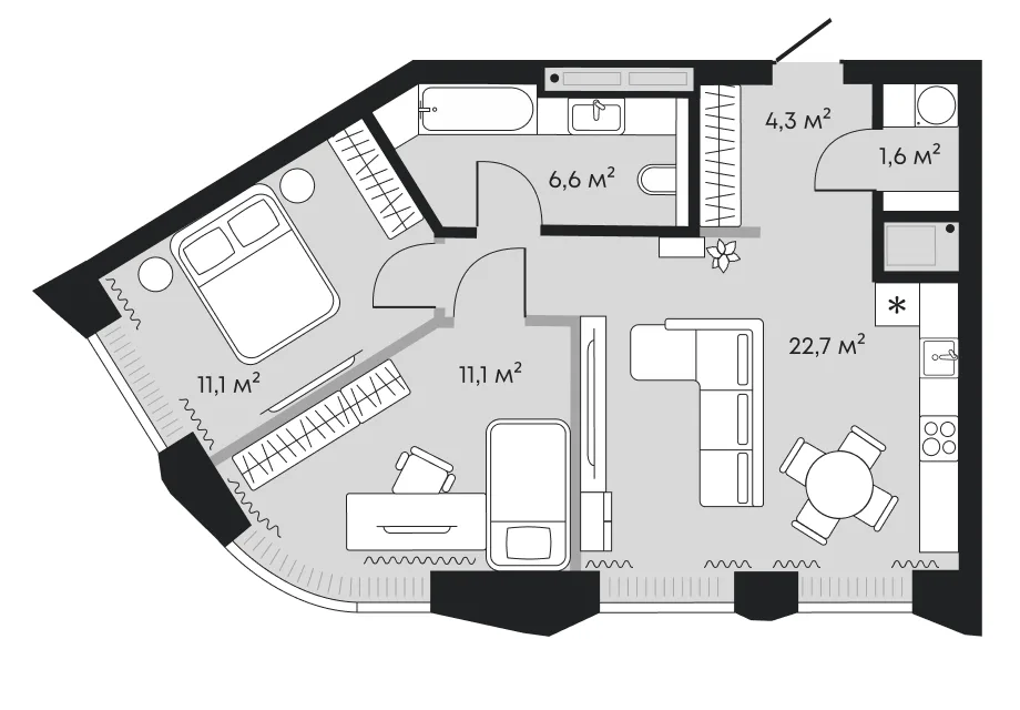 Планировка: евротрёшка 57,4 м² — ЖК Челюскинцев 5