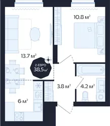 Планировка: евродвушка 38,5 м² - ЖК Централь