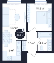 Планировка: евродвушка 38,5 м² — ЖК Централь
