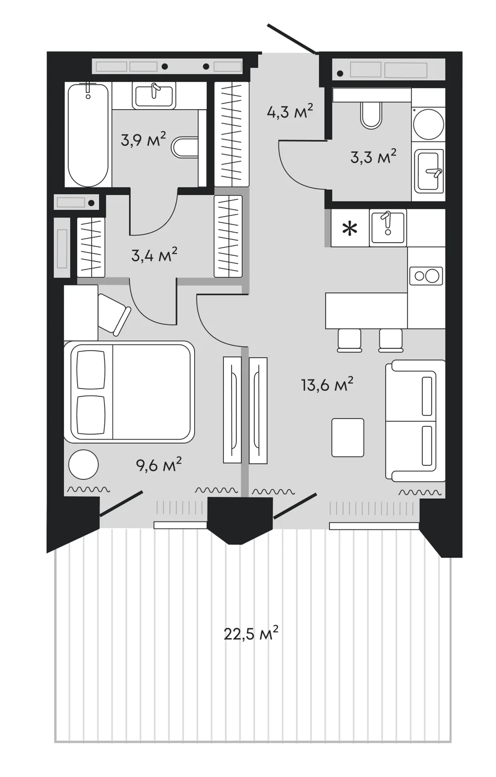 Планировка: евродвушка 60,6 м² — ЖК Челюскинцев 5