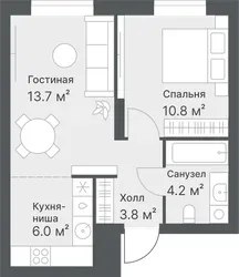 Планировка: евродвушка 38,5 м² - ЖК Дружеский
