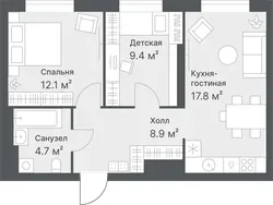 Планировка: евротрёшка 52,9 м² - ЖК Дружеский