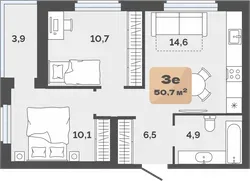 Планировка: евротрёшка 48,75 м² - ЖК Баланс