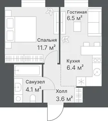 Планировка: евродвушка 32 м² - ЖК Дружеский