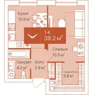 Планировка: 1-комнатная квартира 38,2 м² - ЖК Спасская