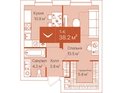 Планировка: 1-комнатная квартира 38,2 м² — ЖК Спасская