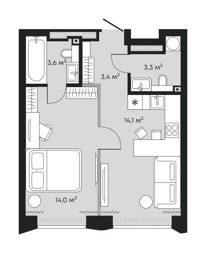 Планировка: Евродвушка 38,3 м²