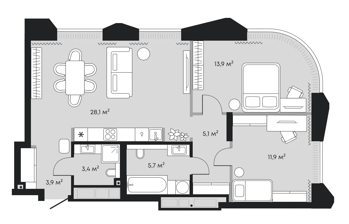 Планировка: Евротрёшка 72 м²