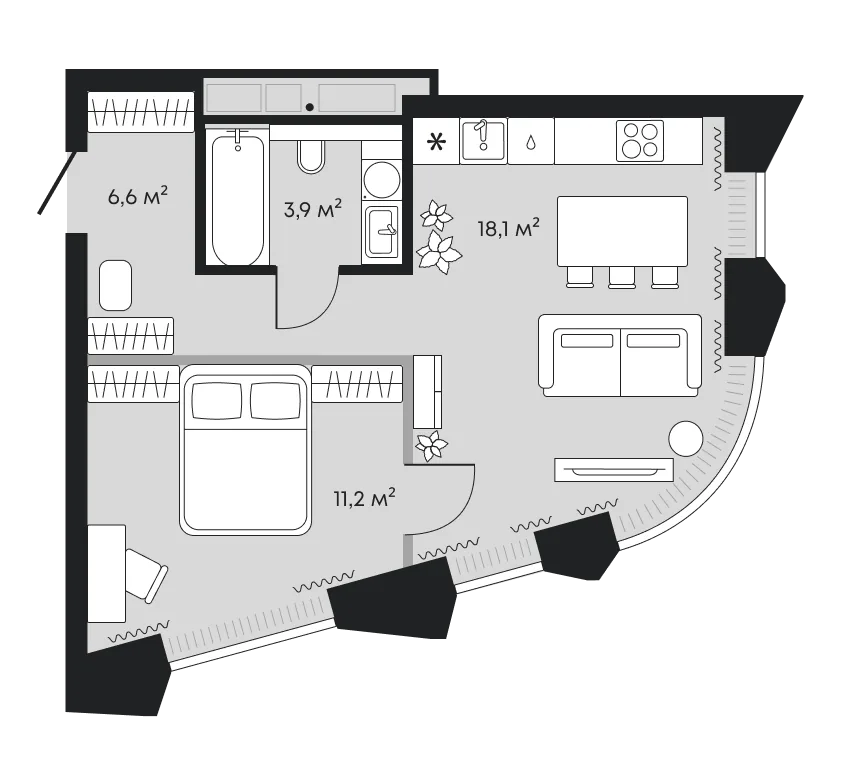 Планировка: Евродвушка 39,8 м²