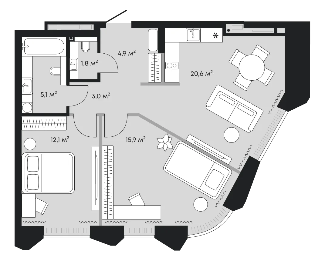 Планировка: Евротрёшка 63,4 м²
