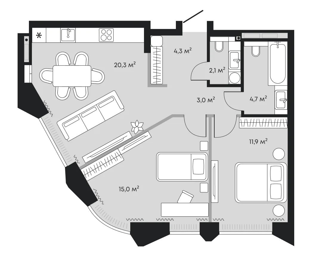Планировка: Евротрёшка 61,5 м²