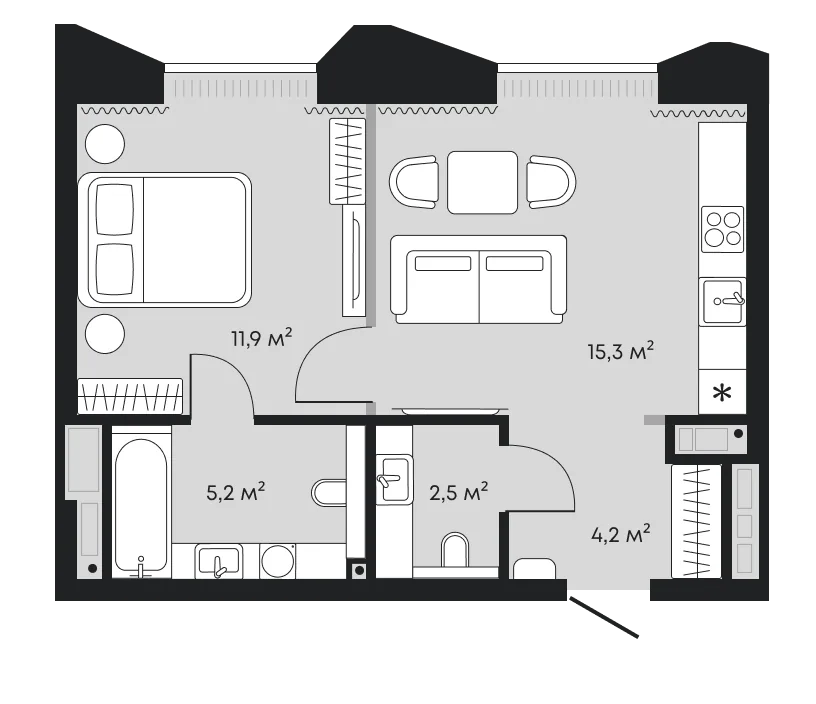 Планировка: Евродвушка 39,1 м²