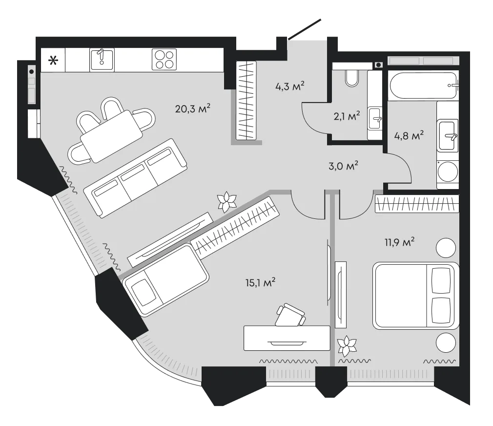 Планировка: Евротрёшка 61,5 м²