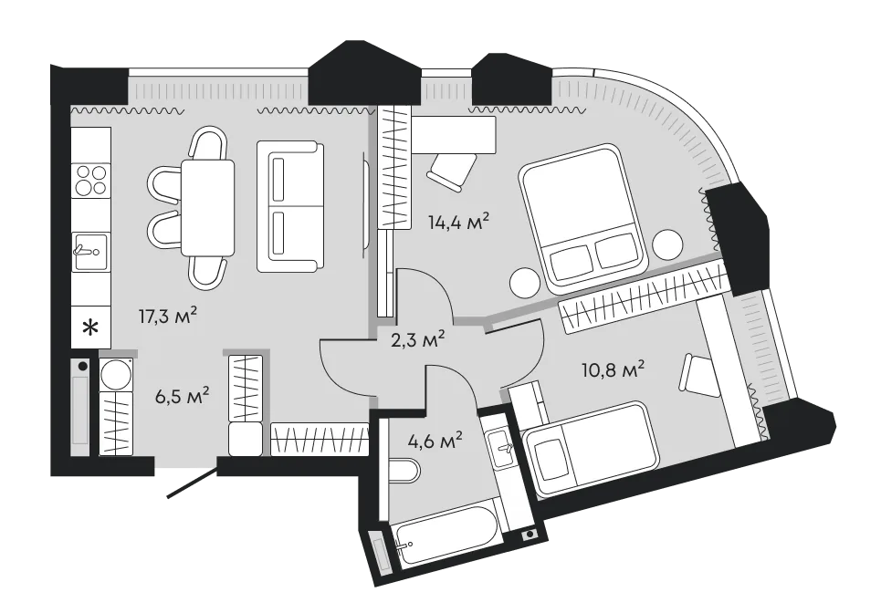 Планировка: Евротрёшка 55,9 м²