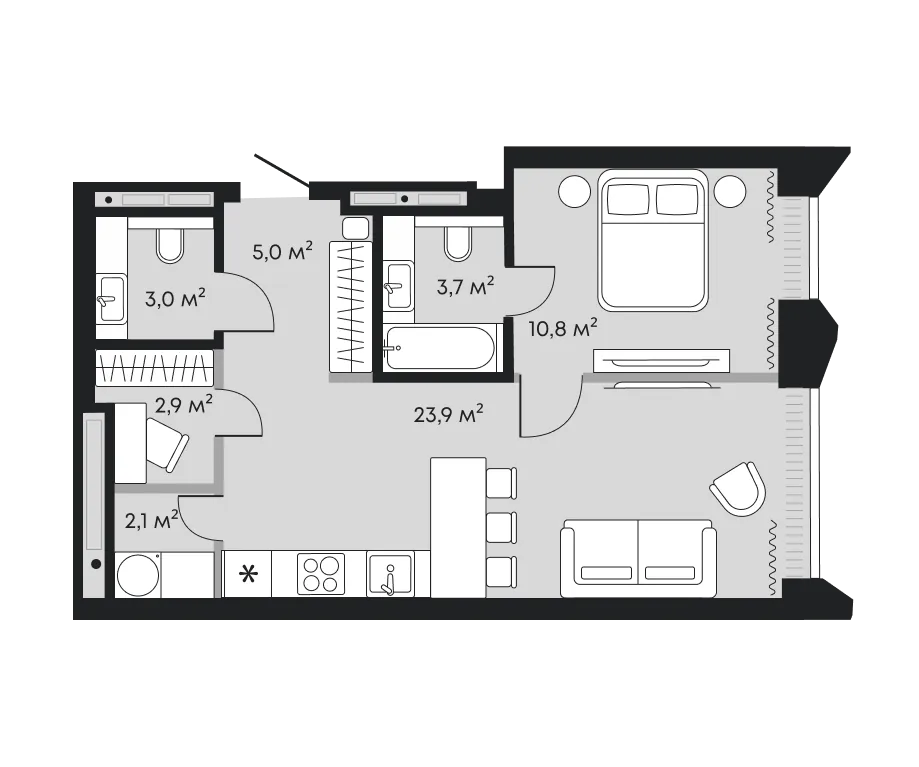 Планировка: Евродвушка 51,4 м²