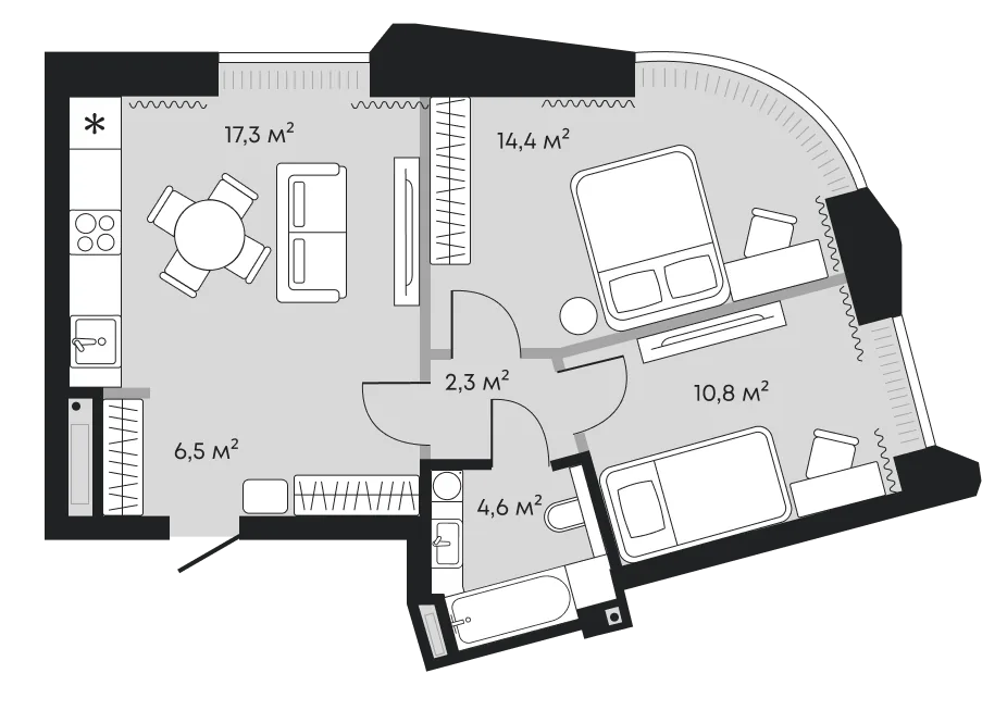Планировка: Евротрёшка 55,9 м²