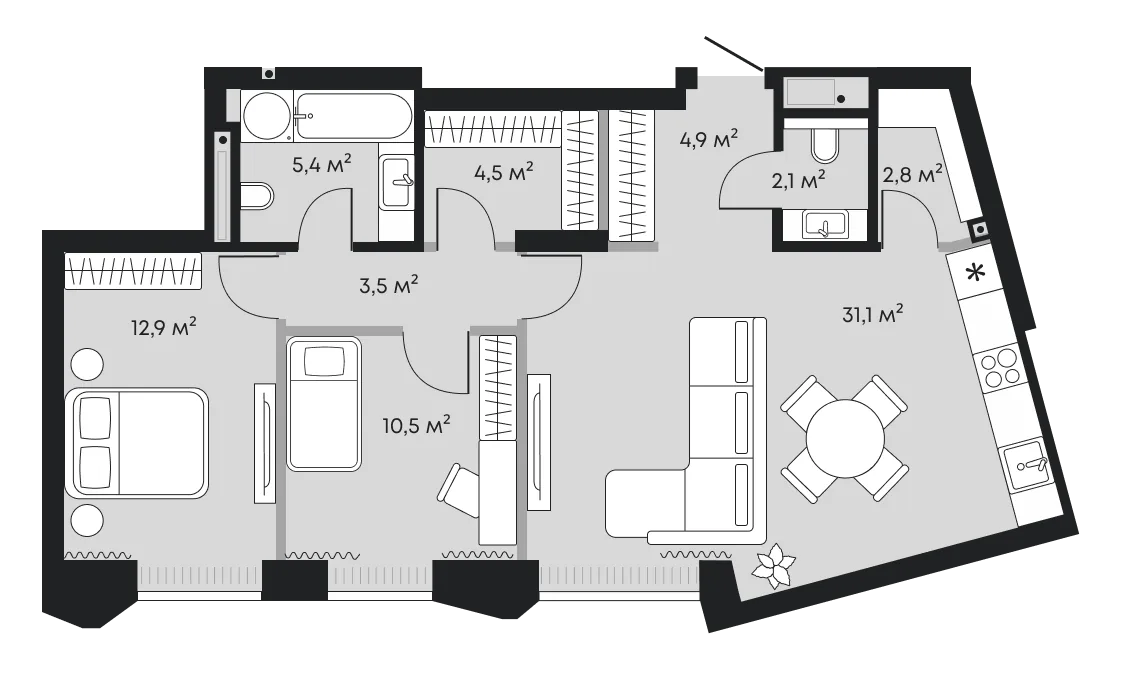 Планировка: Евротрёшка 77,7 м²