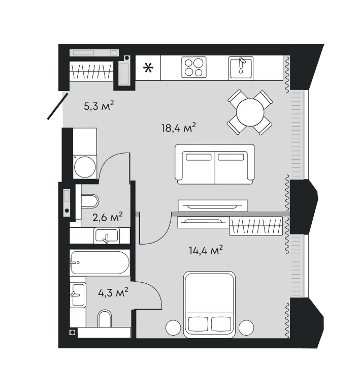 Планировка: Евродвушка 45 м²