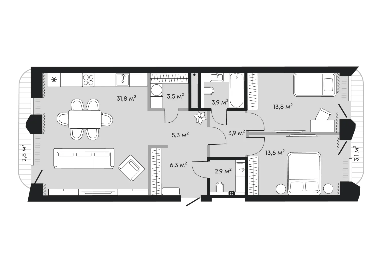 Планировка: Евротрёшка 90,9 м²