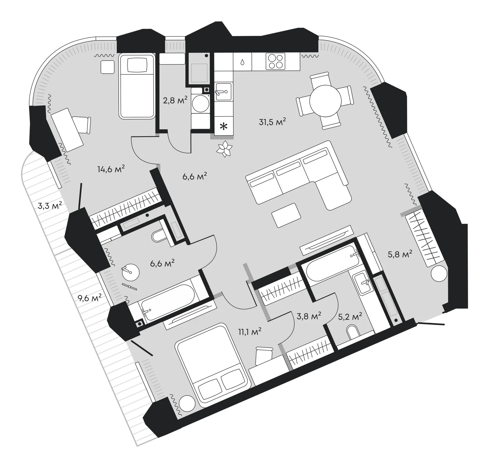 Планировка: Евротрёшка 98,2 м²